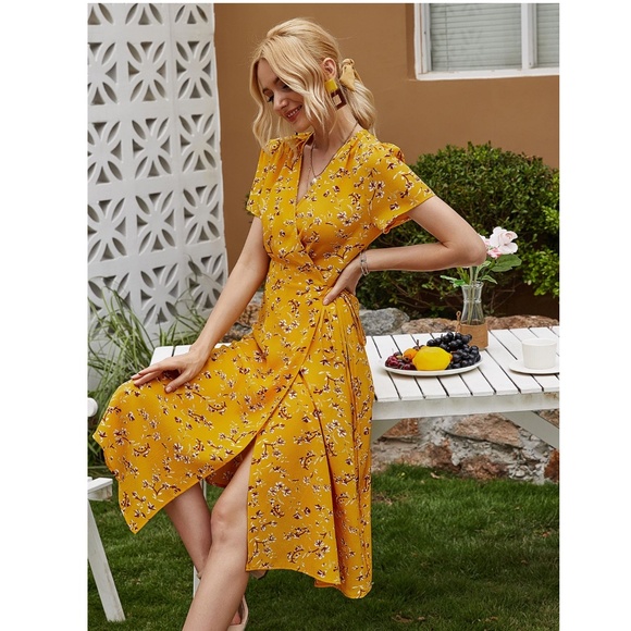 Rouge! Dresses & Skirts - Yellow Floral Wrap Midi Dress